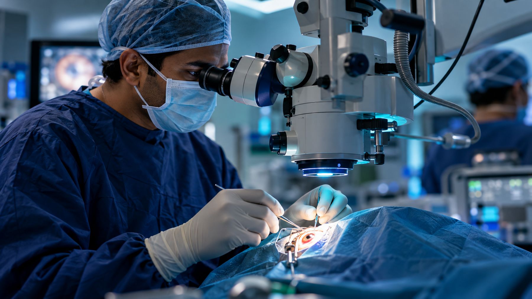 Ophthalmic surgeon at a surgical microscope