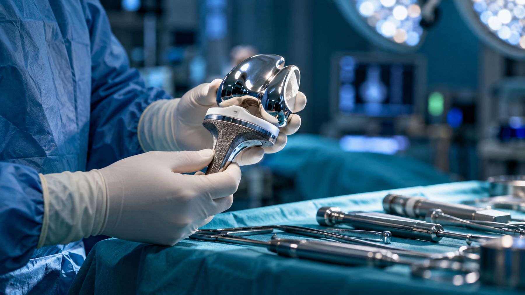 Surgeon holding a knee replacement implant